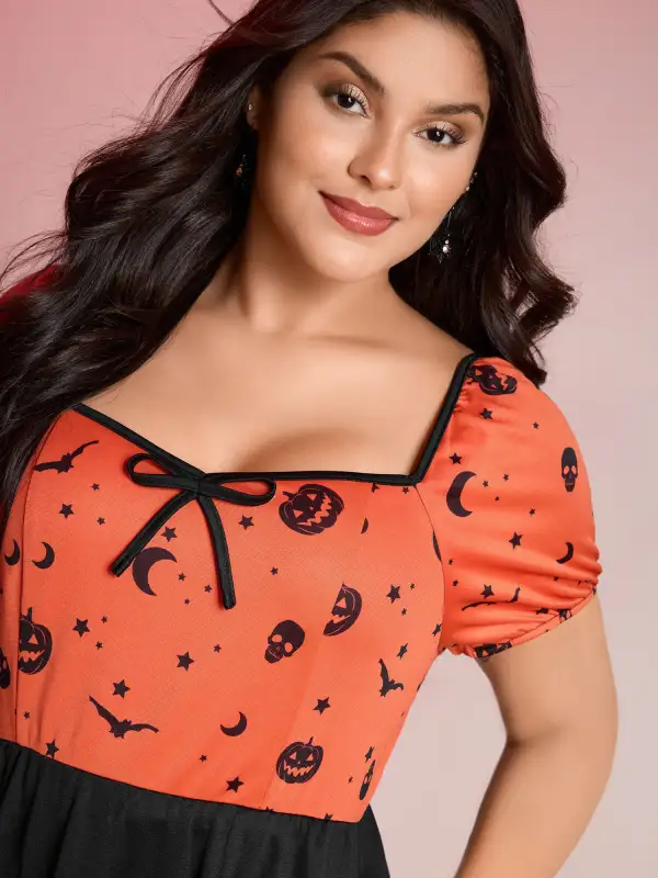 Scary Halloween Print Colorblock Midi Dress