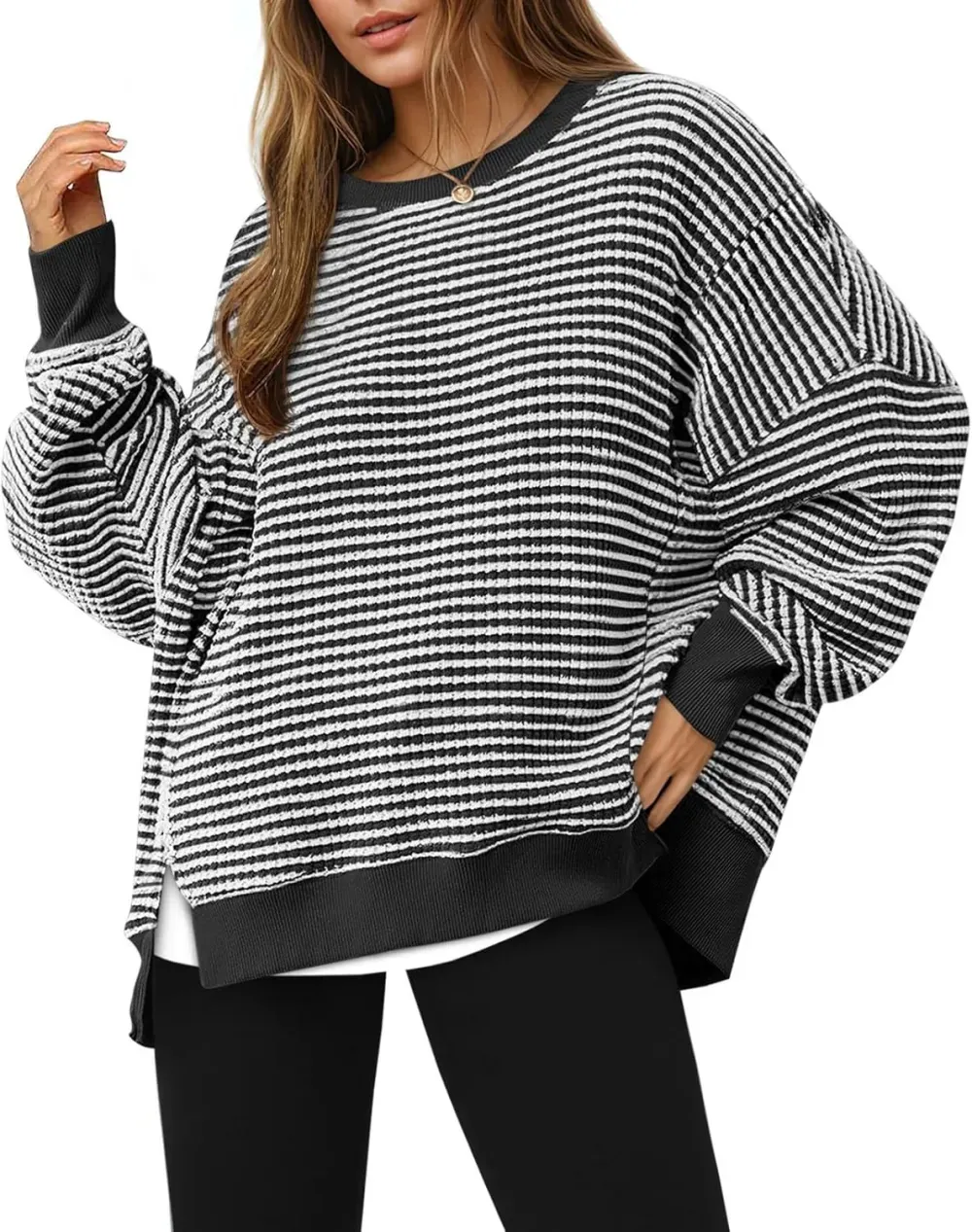 ✨Women's Oversized Sweatshirt Waffle Long Sleeve Split Pullover Tunic Tops