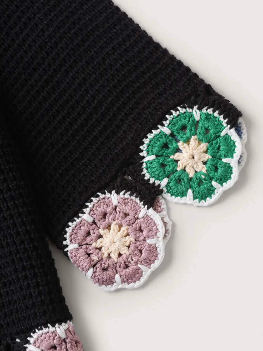 Crochet Floral Hem V-Neck Pullover