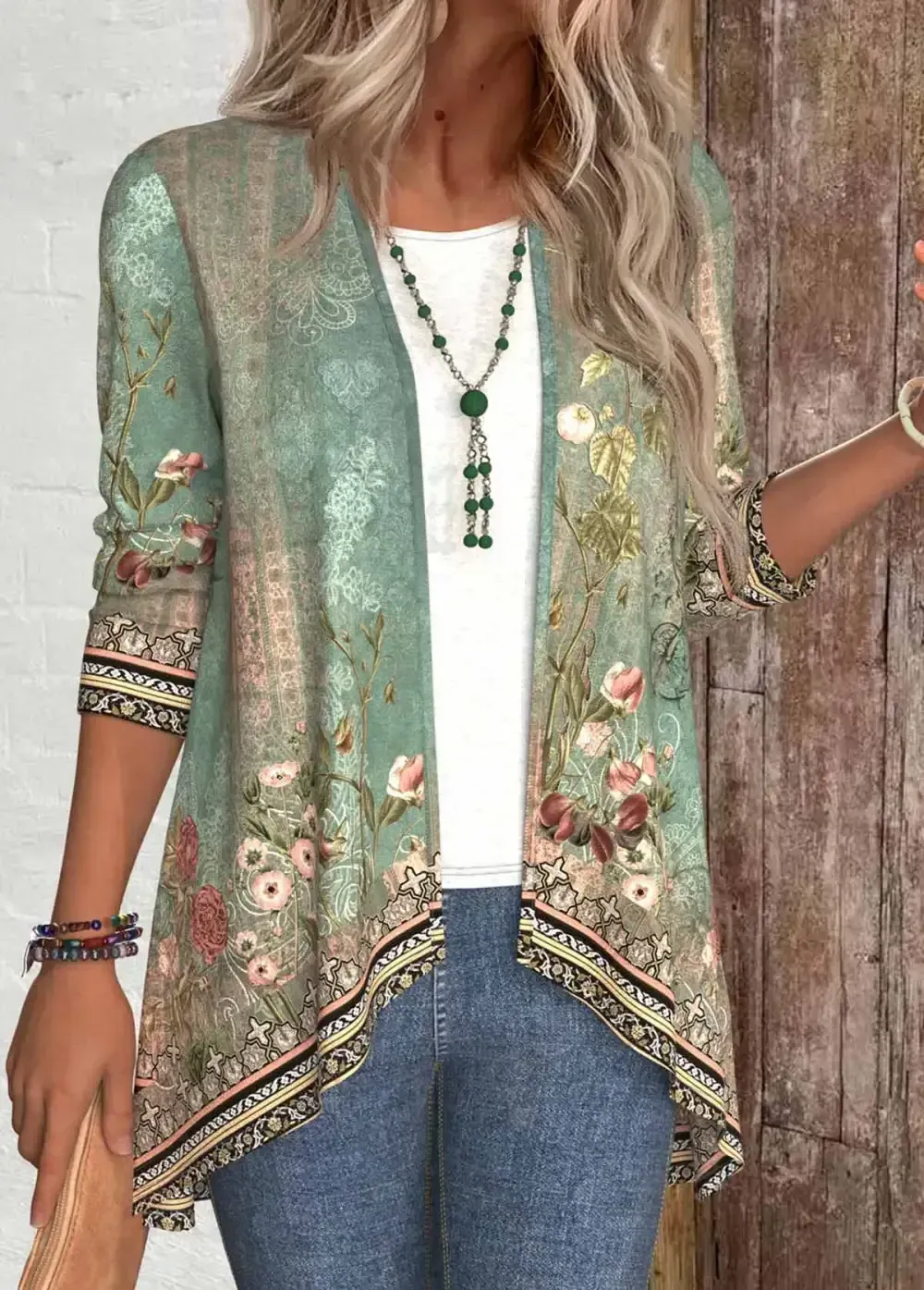 Sage Green Patchwork Floral Print Long Sleeve Light Cardigan