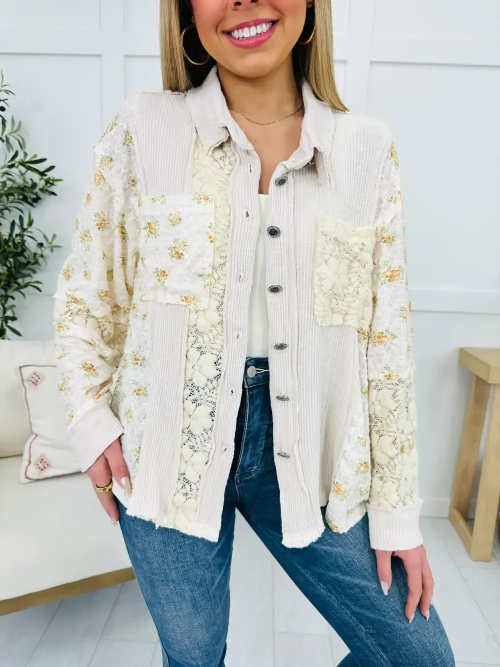 Sweet Stitch Serenity Shacket In Ivory Multi