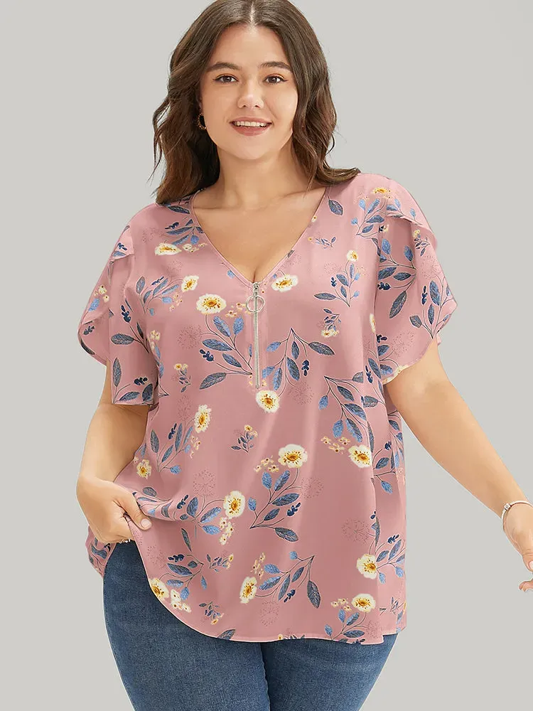 Floral O Ring Zipper Split Petal Sleeve Blouse