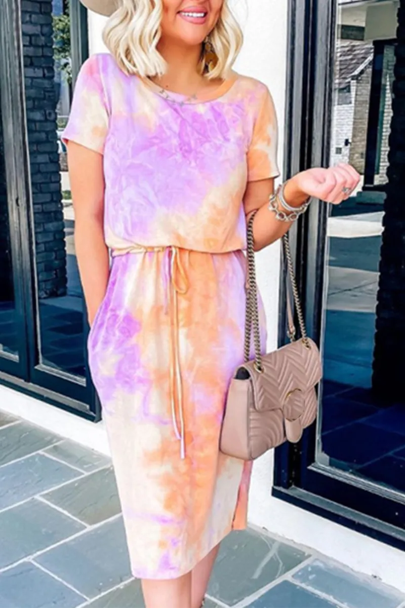 Casual Patchwork Tie-dye O Neck Waist Skirt Dresses