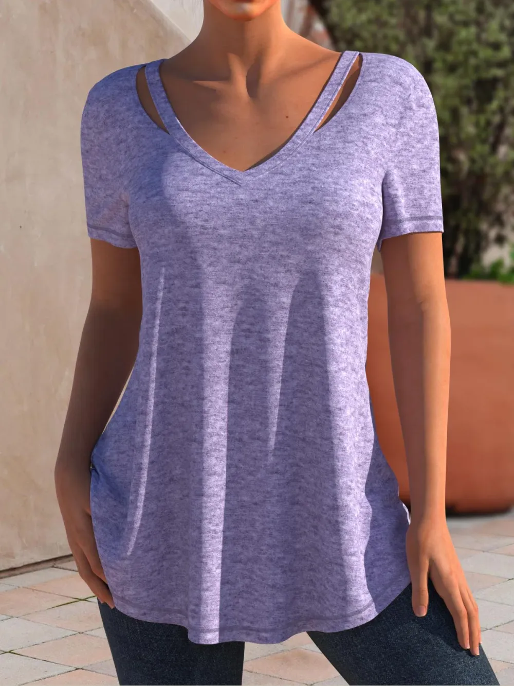 V Neck Cut-out Basic Plain Casual Short Sleeve T-Shirt/Tee