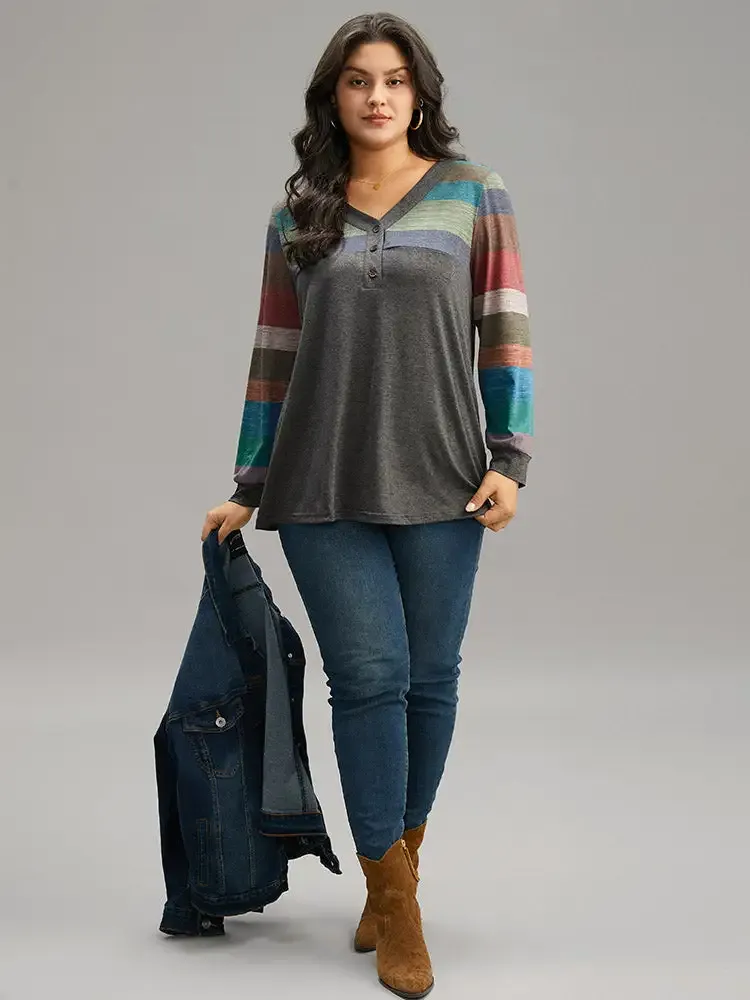 Colorblock Contrast V Neck Button Up T-Shirt