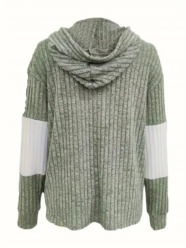 Vibrant Color Block Rib Knit Hoodie - Soft, Cozy, and Casual Long Sleeve Sweatshirt with Drawstring and Zip Up Closure
