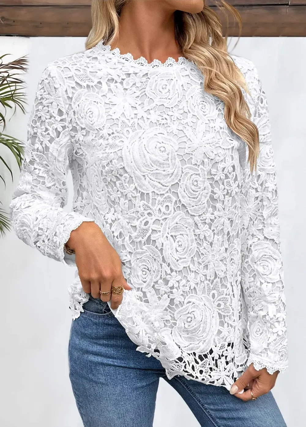White Embroidery Long Sleeve Round Neck T Shirt