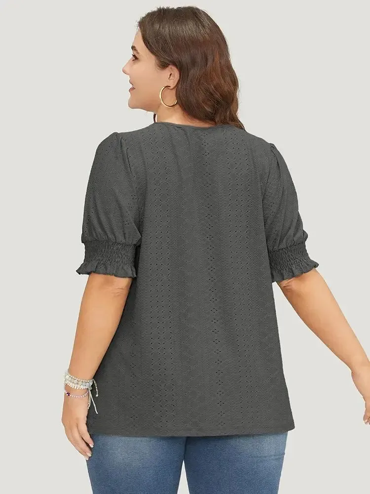 Plain Broderie Anglaise Shirred Puff Sleeve Button Detail T-shirt