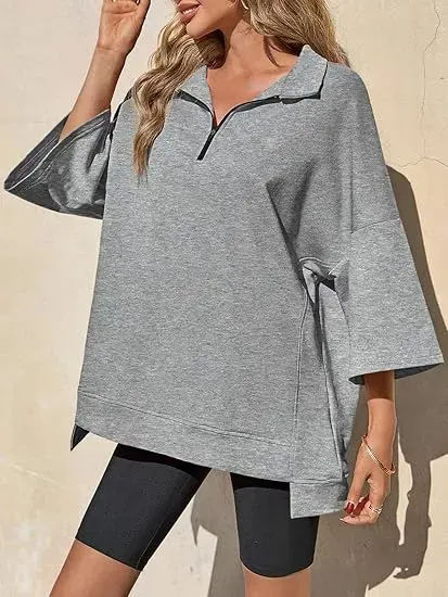 Women's Oversized 3/4 Sleeve Zipper Pullover