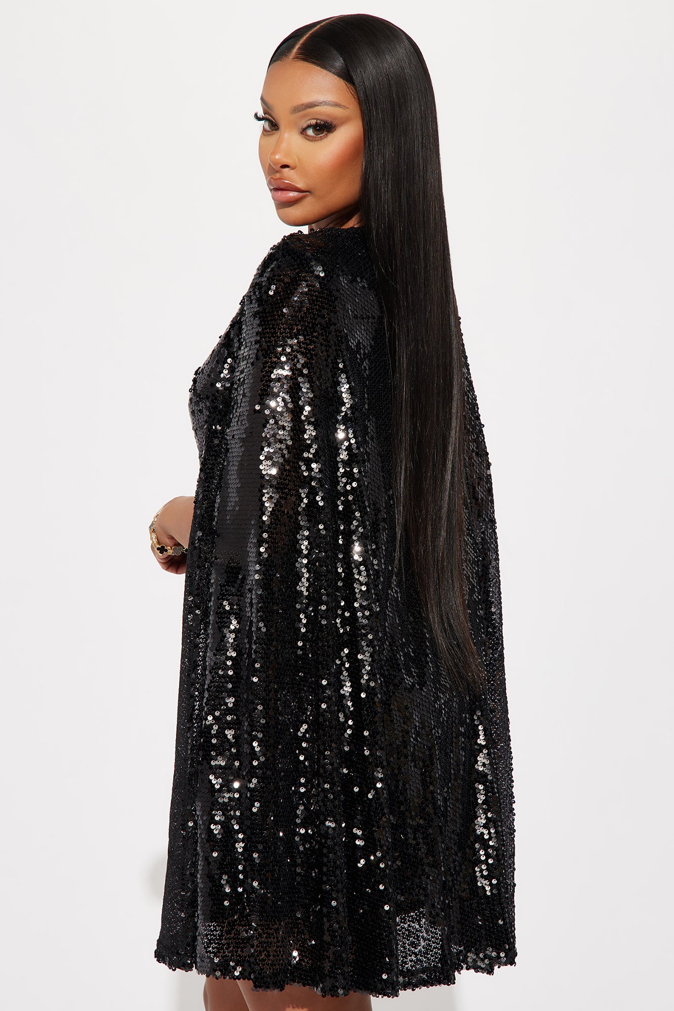 Cape Sequin Mini Dress - Black