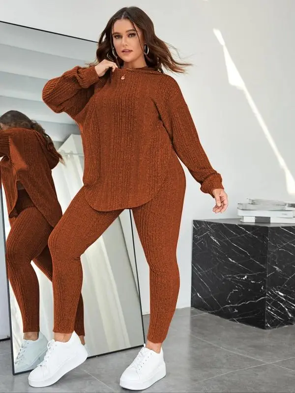 【Plus Size】 Plain Split Curved Hem Hoodie & Leggings Lounge Two-piece Set, Casual Fashion Cozy Breathable Two Piece Outfits for Daily Home Wear