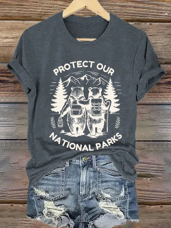 Women'S T-Shirt Vintage Protect Our National Park Printed T-Shirt Pure Cotton Crew-Neck Short Sleeve