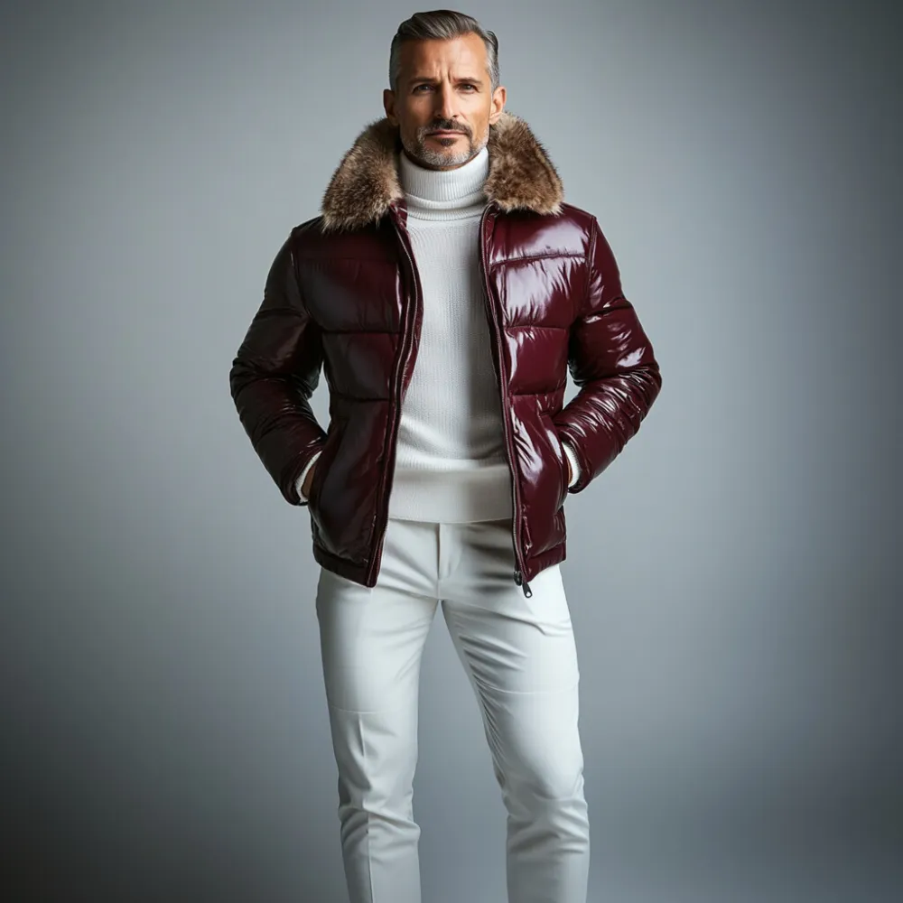 Men's Fuzzy Turndown Collar Patent PU Leather Pocket Cotton-Padded Coat