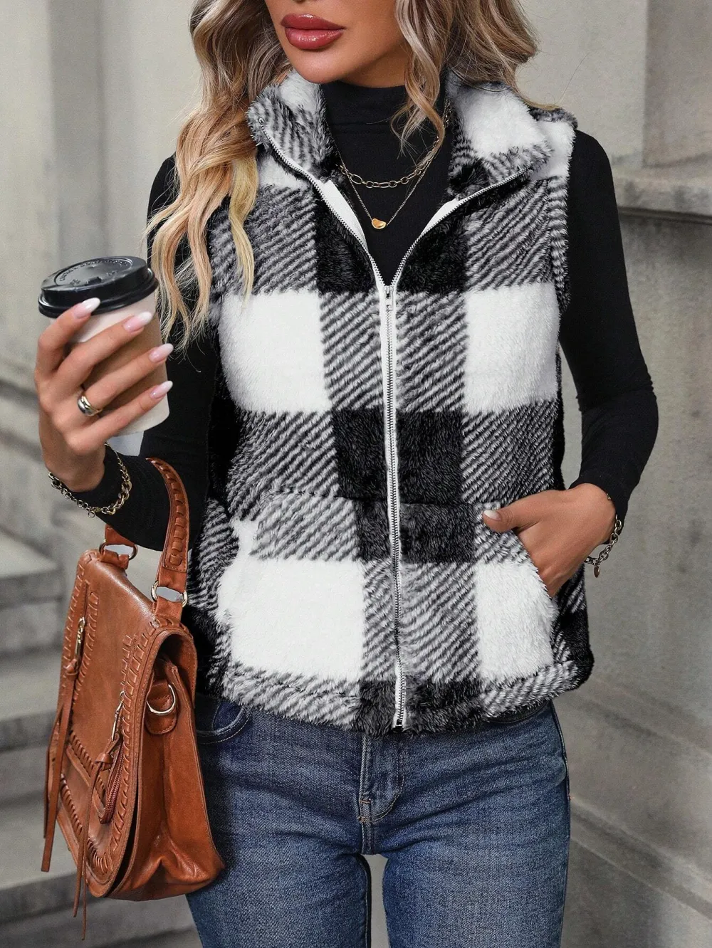 Buffalo Plaid Pattern Zipper Teddy Vest Jacket