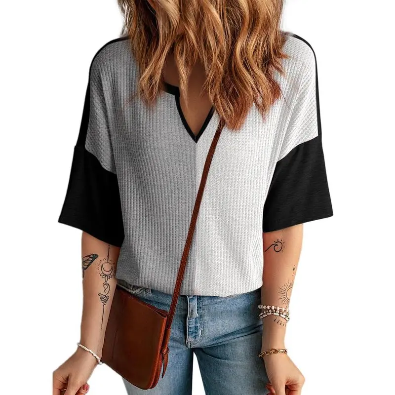 Women's Colorblock Waffle Knit Tops – 2025 Summer Fashion Half Sleeve V-Neck Casual Blouses