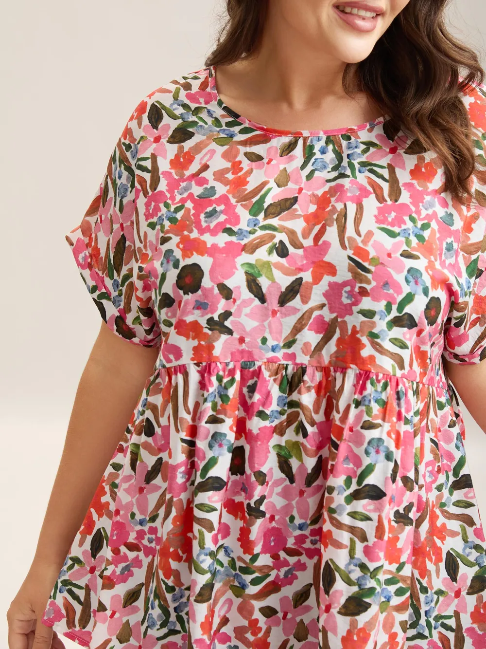 Fruit Print Curved Hem Batwing Sleeve Blouse