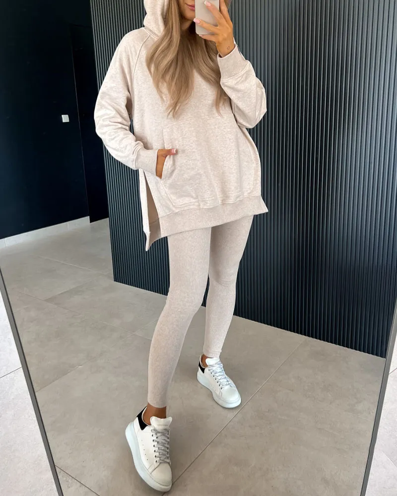 Slit hoodie pencil pants two piece set