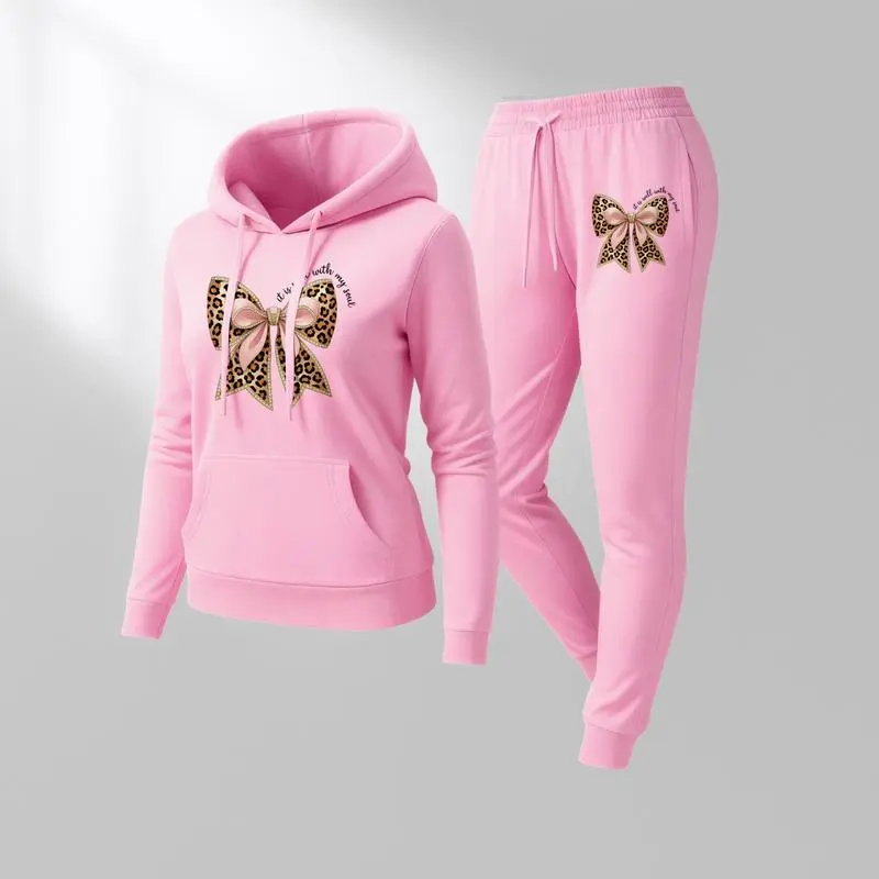 Women's Leopard Print Bow Pattern Tracksuit