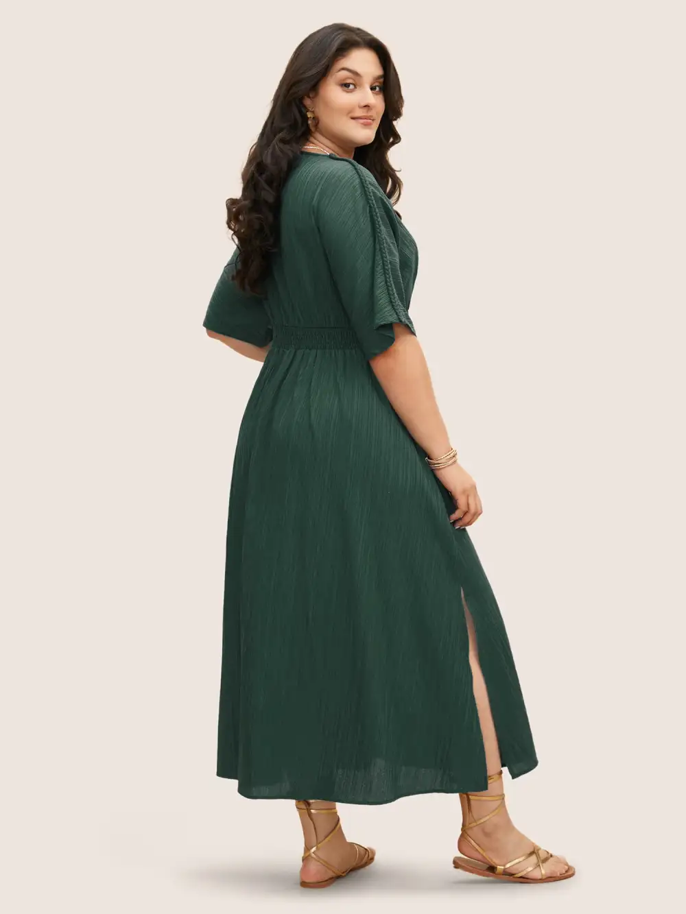 V Neck Shirred Contrast Webbing Split Side Dress