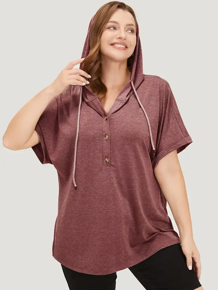 Plain Drawstring Roll Sleeve Button Up Hooded T-shirt