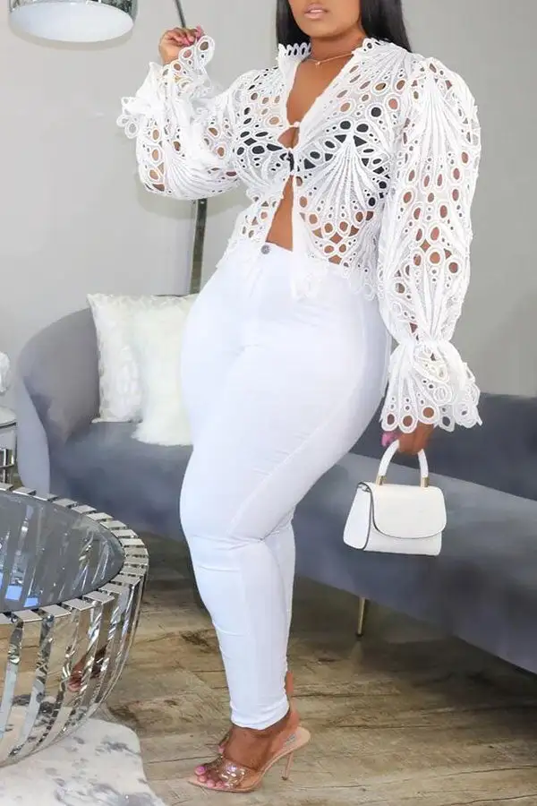 Lace Deep V Sweet Cutout Blouse