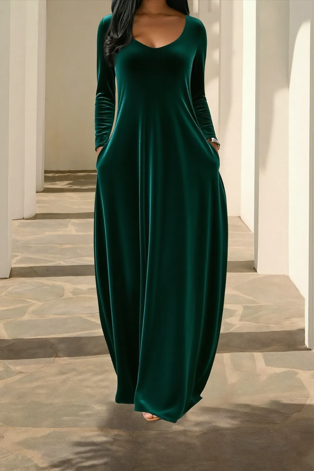 Women's Solid Color Pocket Lounge Dress, Casual Comfy Long Sleeve Dress for Daily Wear, Ladies Sleepwear Loungewear for All Seasons