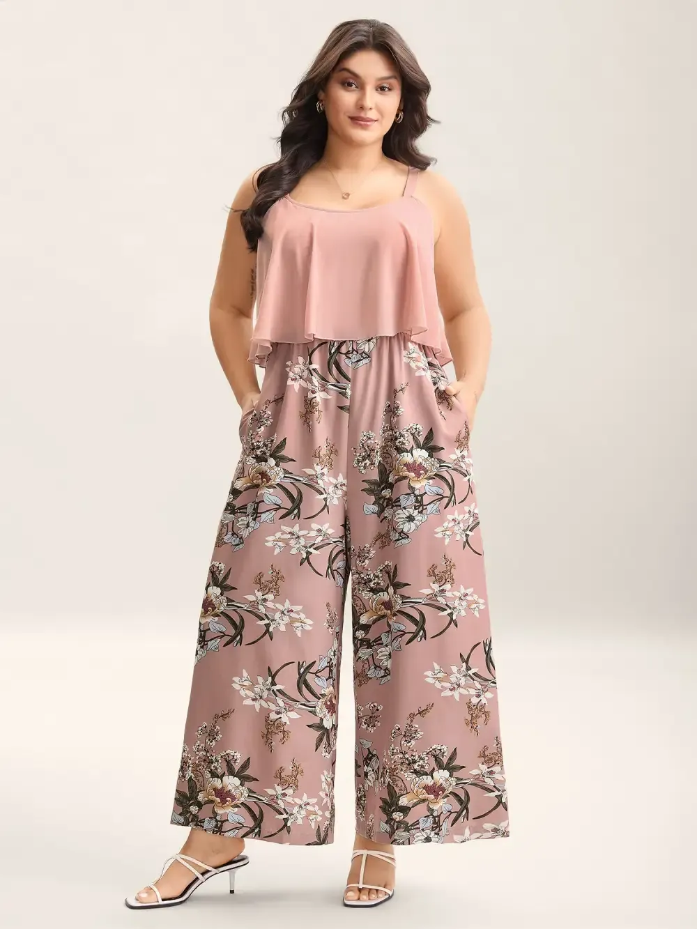 Large Flower Print Spliced Wide-Leg Jumpsuit