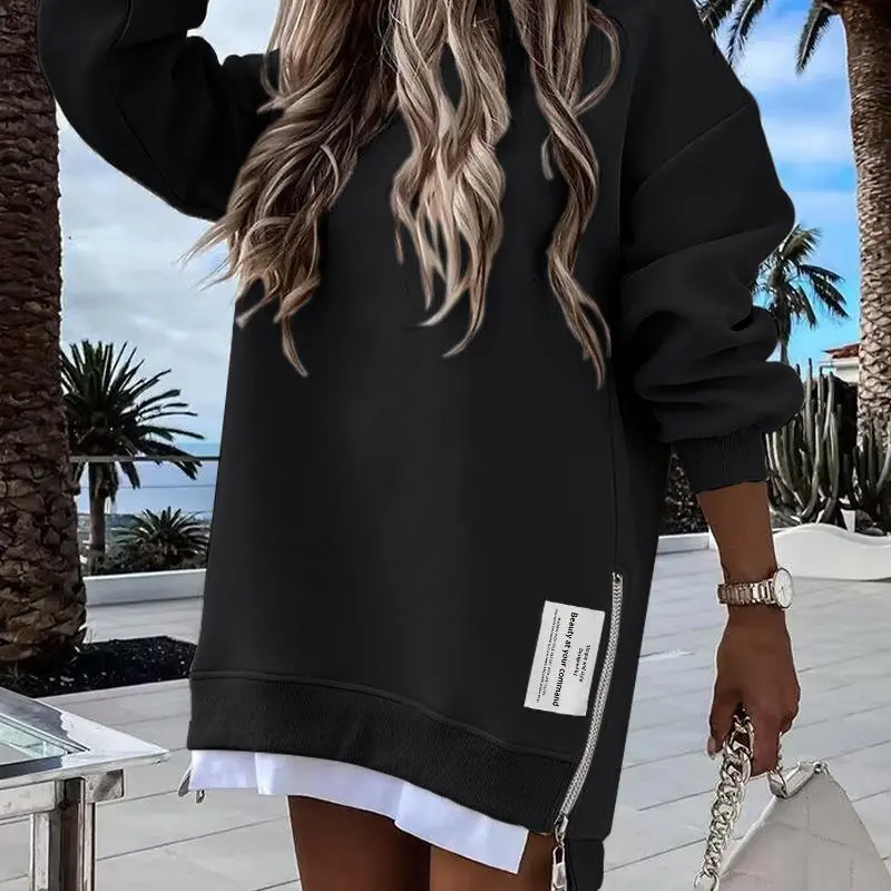 Womens Long Sleeve Zipper Slit Sweatshirt Dress