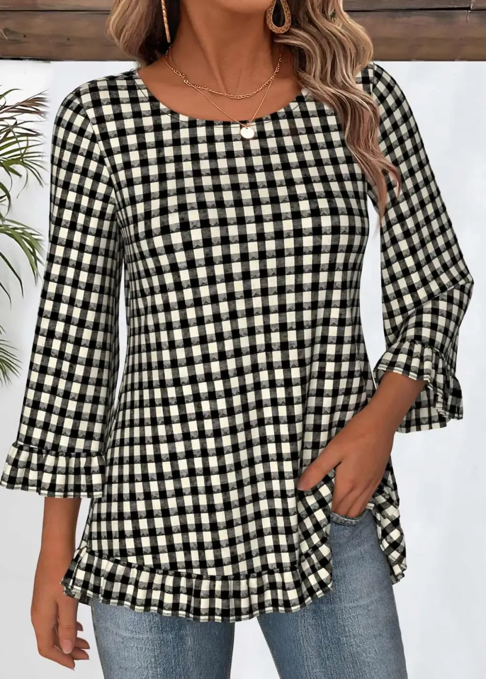 Black Tummy Coverage Plaid 3/4 Sleeve T Shirt