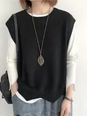 Womens Fashion-Forward Solid Crew Neck Sweater Vest - Stylish & Comfortable, Sleeveless Layering Essential for Spring & Fall