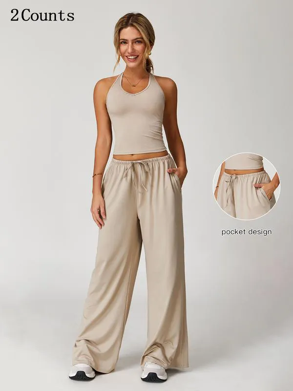 Women's Solid Crop Tank Top & Wide Leg Pants Set, Casual V Neck Sleeveless Top & Trousers