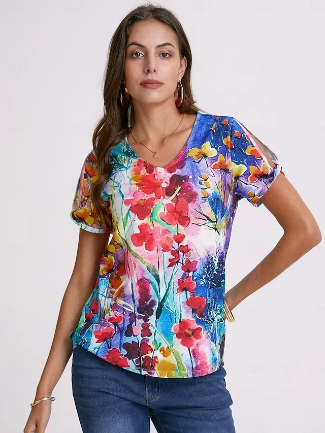 Women's T shirt Tee Floral Button Cut Out Print Holiday Weekend Basic Neon & Bright Short Sleeve V Neck Red
