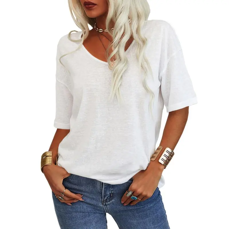 Women’s V-Neck Cotton T-Shirt – Solid Color, Lightweight Half Sleeve Casual Top for Summer & Fall