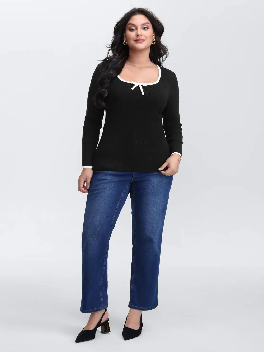 Square Neck Bowknot Fitted Pullover