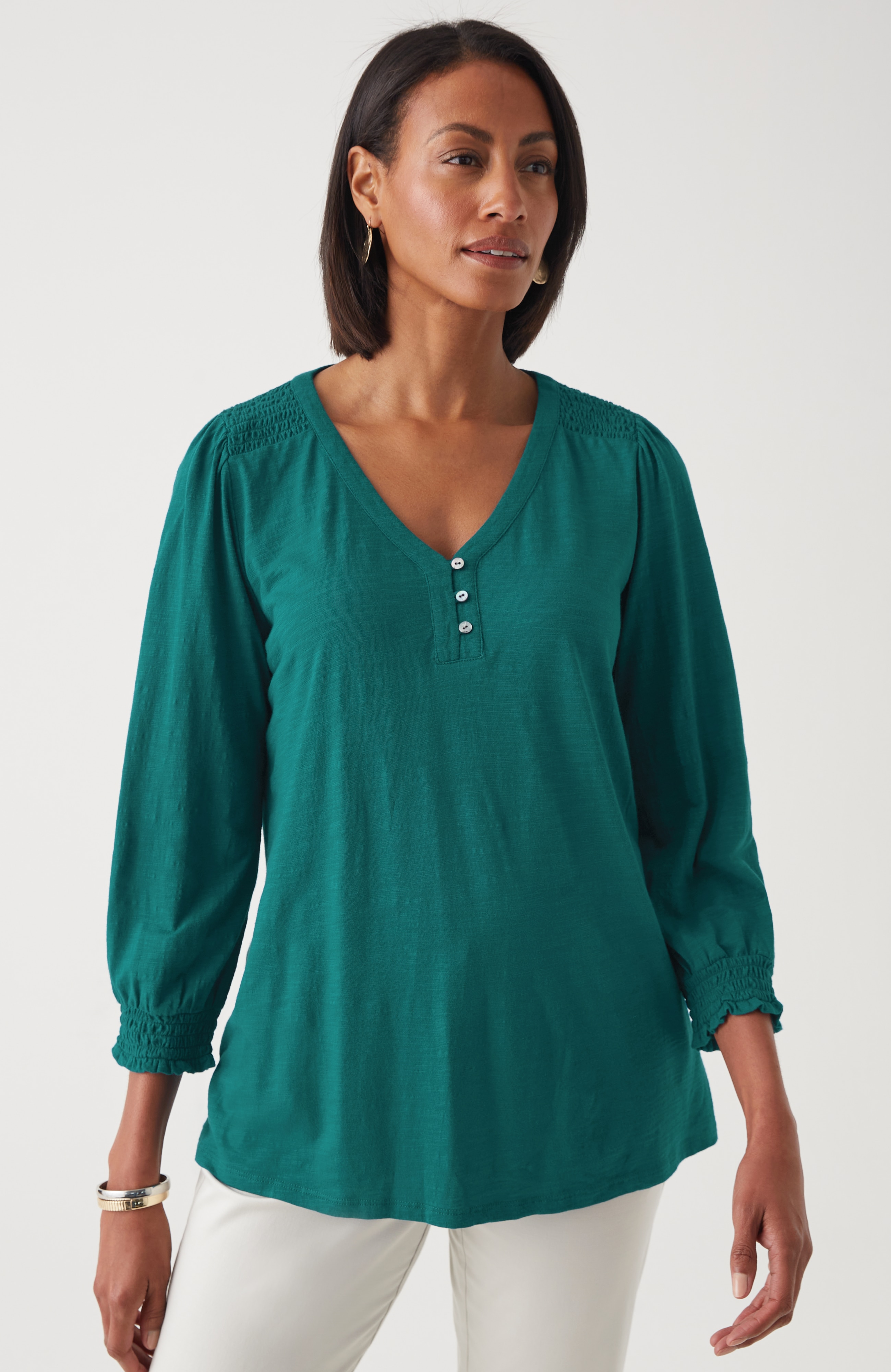 Smocked-Sleeve Henley Top