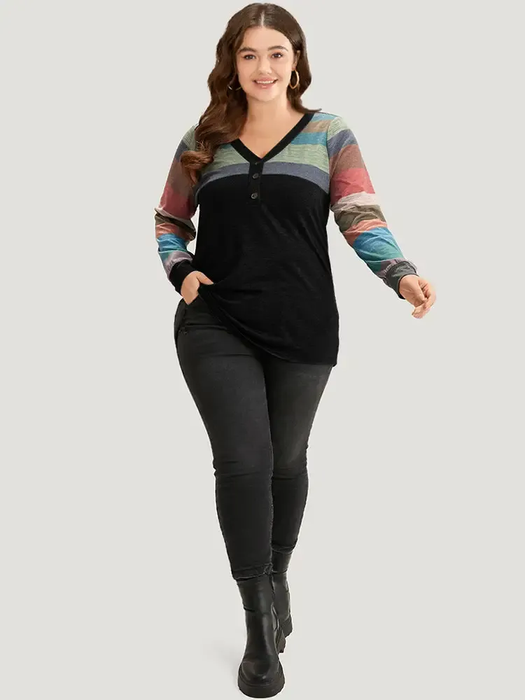 Colorblock Contrast V Neck Button Up T-Shirt