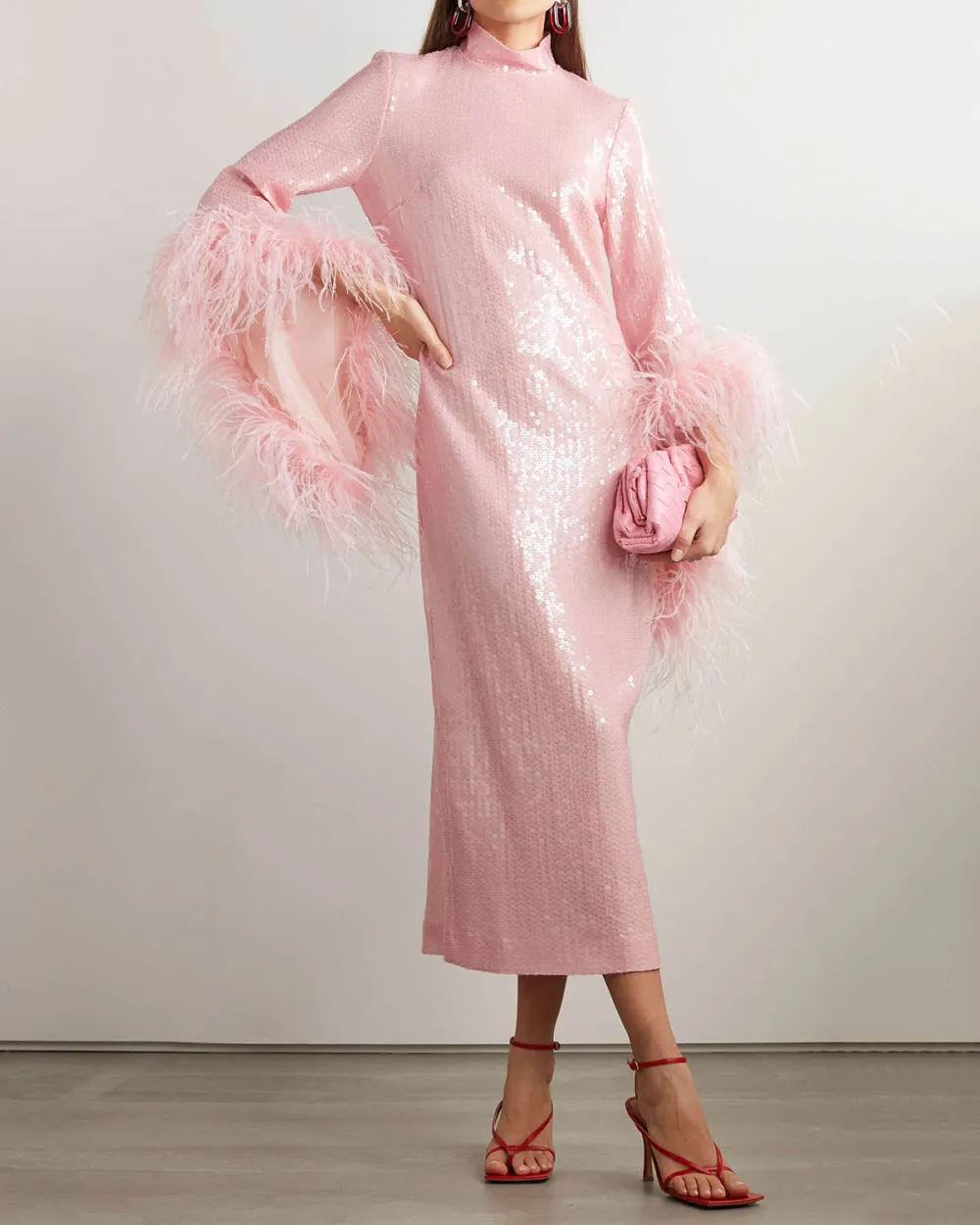 Elegant Sequin Bell Sleeve Feather Dress