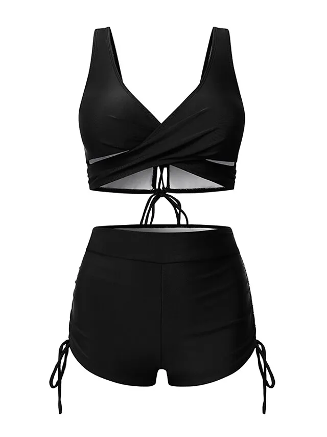 Women's Swimwear Bikini 2 Piece Plus Size Swimsuit Ruched Backless 2 Piece Open Back Slim Camouflage Pure Color Orange Padded V Wire Bathing Suits New Vacation Fashion