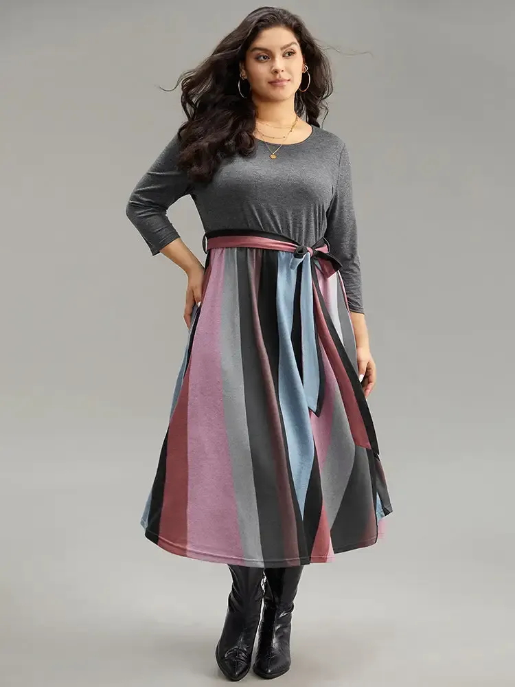 Striped Contrast Patchwork Belted Dress
