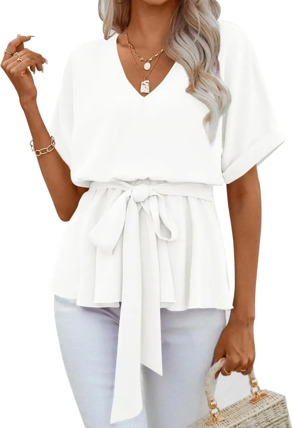 ✨Womens V Neck Blouse Short Sleeve Belted Casual T-Shirts Basic Tee Tops