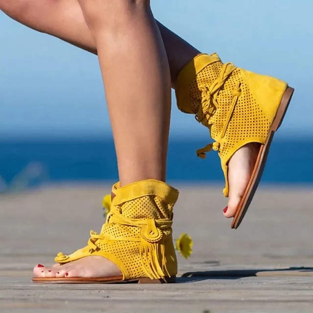 Women's Sandals Flat Sandals Gladiator Sandals Roman Sandals Outdoor Daily Beach Summer Lace-up Flat Heel Open Toe Vintage Casual Canvas Synthetics Loafer Solid Color Solid Colored Black Yellow Brown