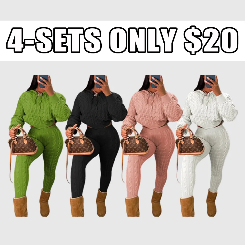 Two-piece Set Women's Solid Drop Shoulder Cable Knit Crop Sweater & High Waist Pants