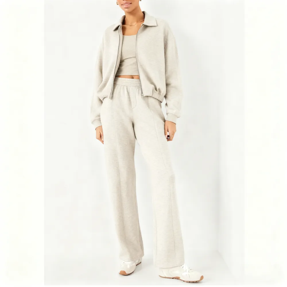 Zipped Jacket and Wide-Leg Pants Two-Piece Set