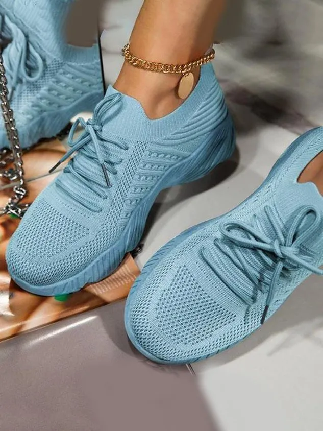 Mesh Platform Solid Color Lace-Up Flyknit Lightweight Soft Sole Slip-On Sneakers（⚡Clearance Sale）