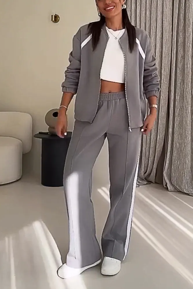 Women's contrast color zipper cardigan jacket & pants two-piece set