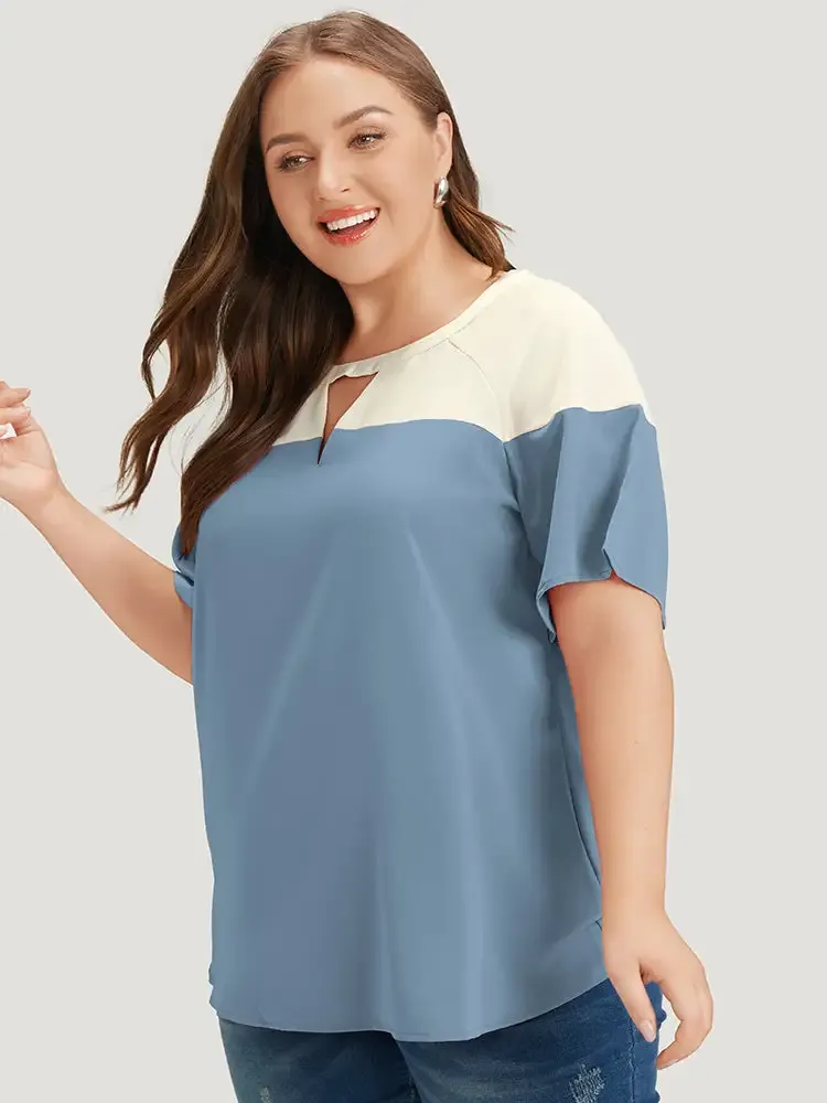 Anti-Wrinkle Two Tone Keyhole Raglan Sleeve Blouse