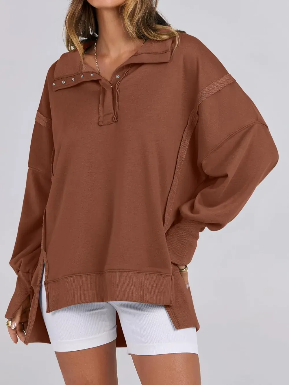 ✨Women's Oversized High Low Split Button Up Henley Pullover Top