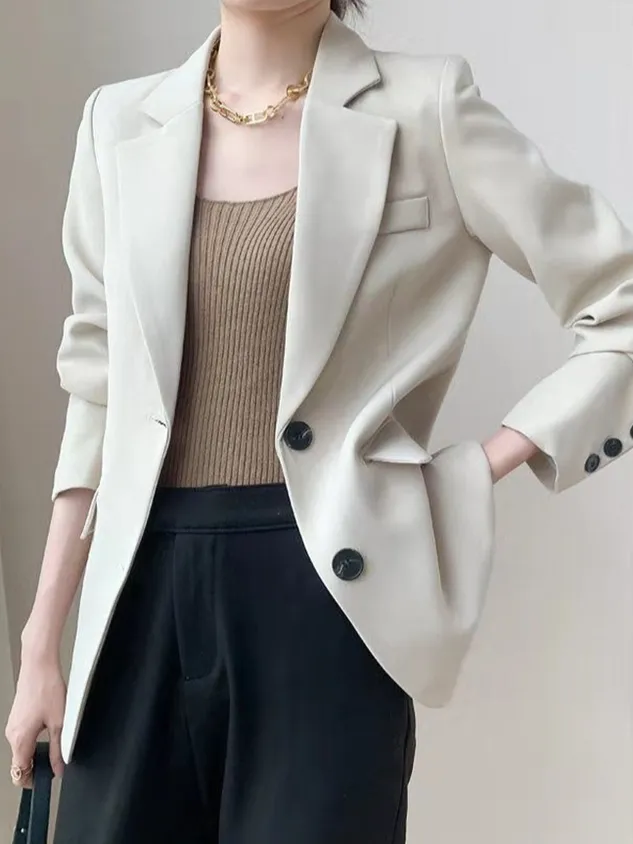 Lapel Collar Long Sleeve Plain Buckle Regular Loose Blazer For Women