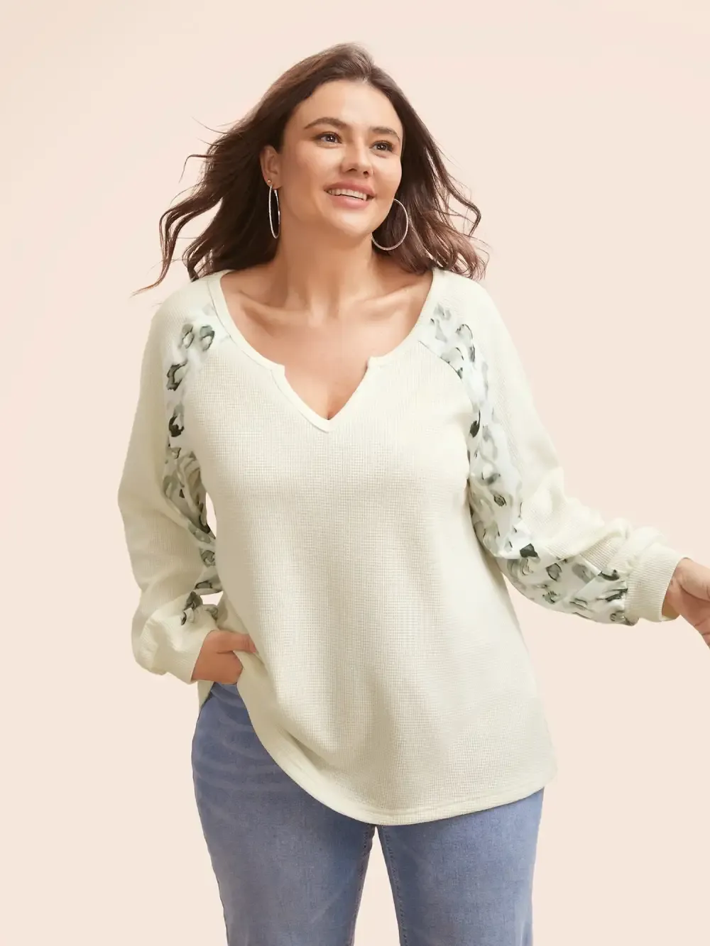 Waffle Knit Patchwork Leopard Print Sweatshirt