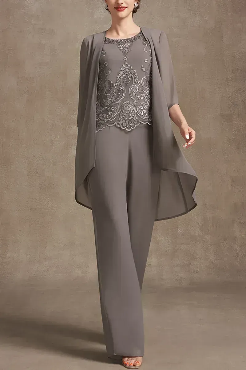 Plus Size Embroidery Chiffon Three Pieces Set Pant Suits